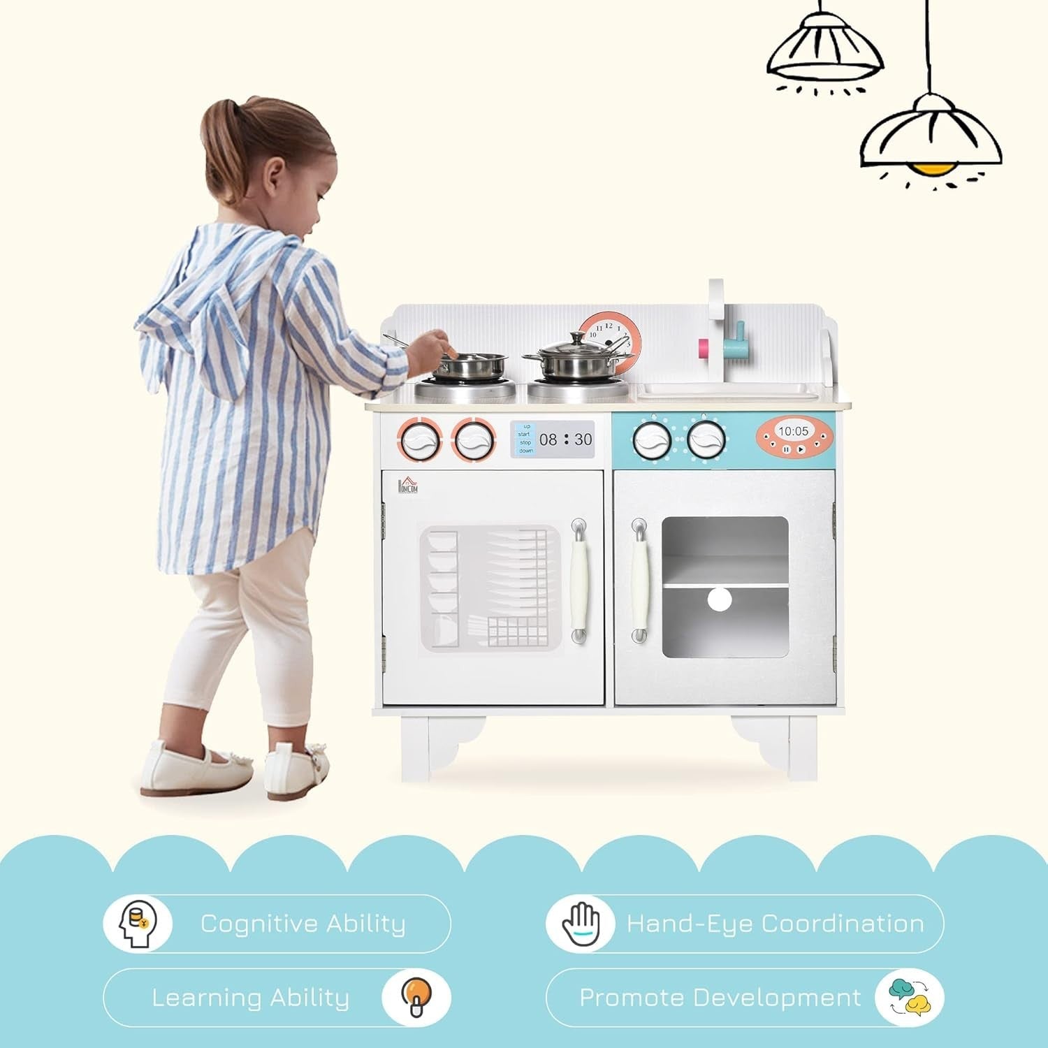 Kids Wooden Play Kitchen Toy Set w/ Sink Pots Storage White