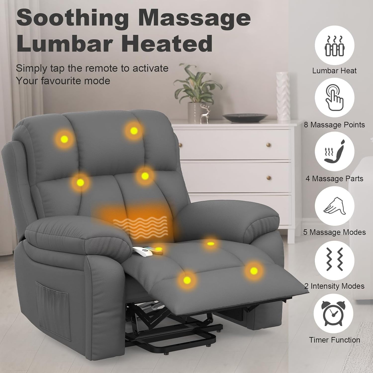 Power Lift Recliner Chair Oversized Massage Heat USB Type-C Footrest Grey