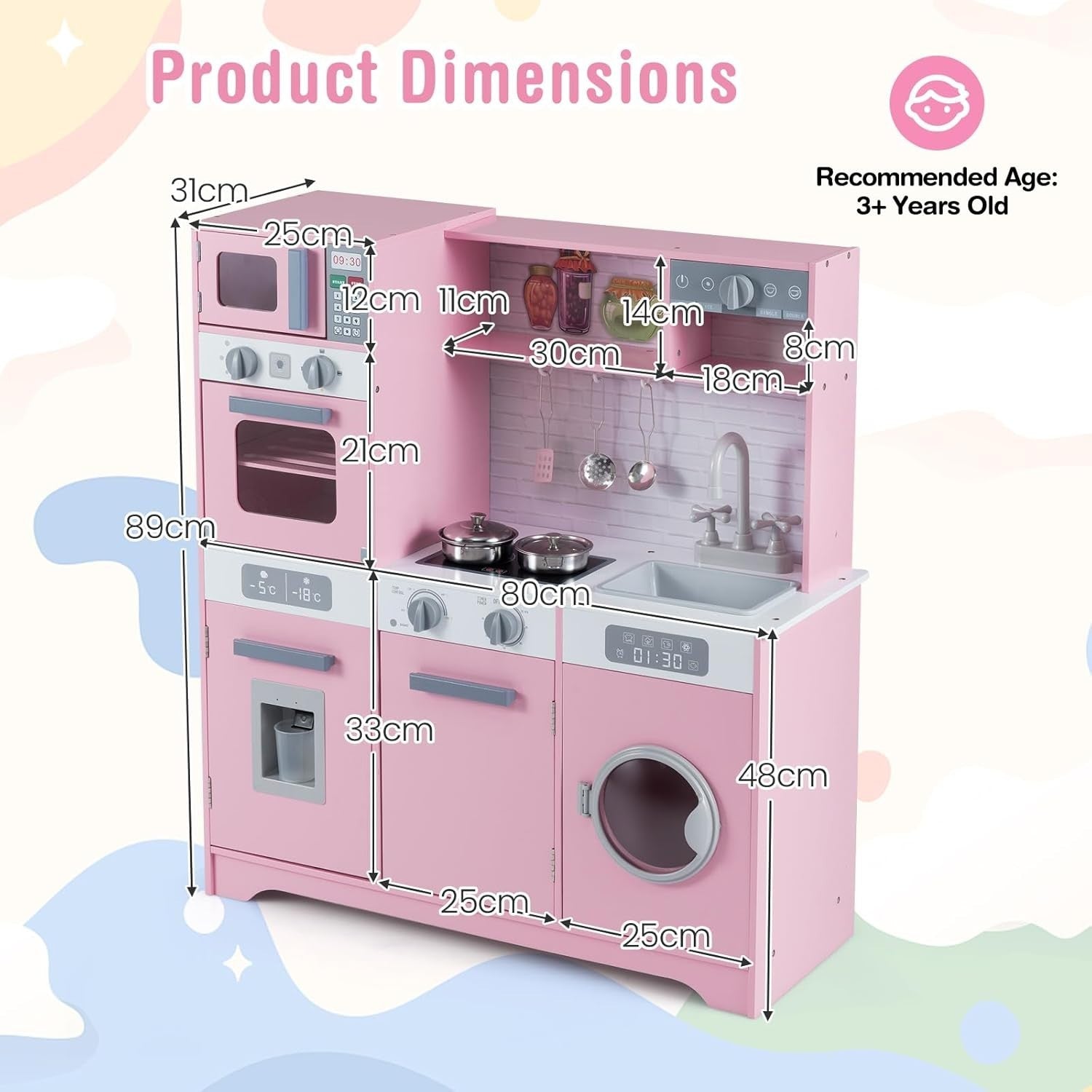 Pink Kids Wooden Play Kitchen Lights Sounds Washer Coffee Toy
