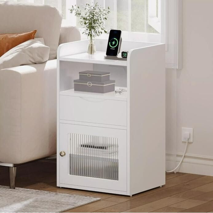 White Bedside Table with LED Light, USB Charging Station & Drawer Storage