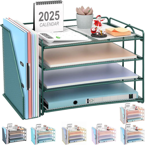 4-Tier Desk Organizer with Magazine Rack – Metal File & Paper Storage, Green