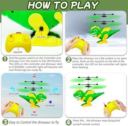 RC Dinosaur Helicopter Toy for Kids 6+, LED Lights, Indoor/Outdoor Drone