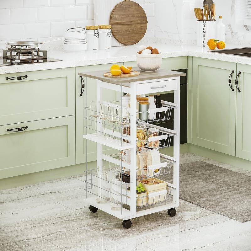 Rolling Kitchen Cart Storage Trolley with 4 Baskets, Drawer & Wheels