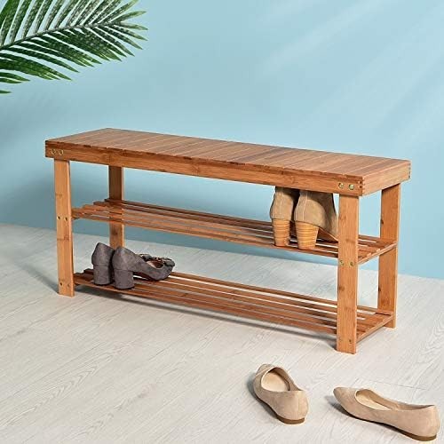 2-Tier Bamboo Shoe Storage Bench with Seat for Entryway Hallway 90cm