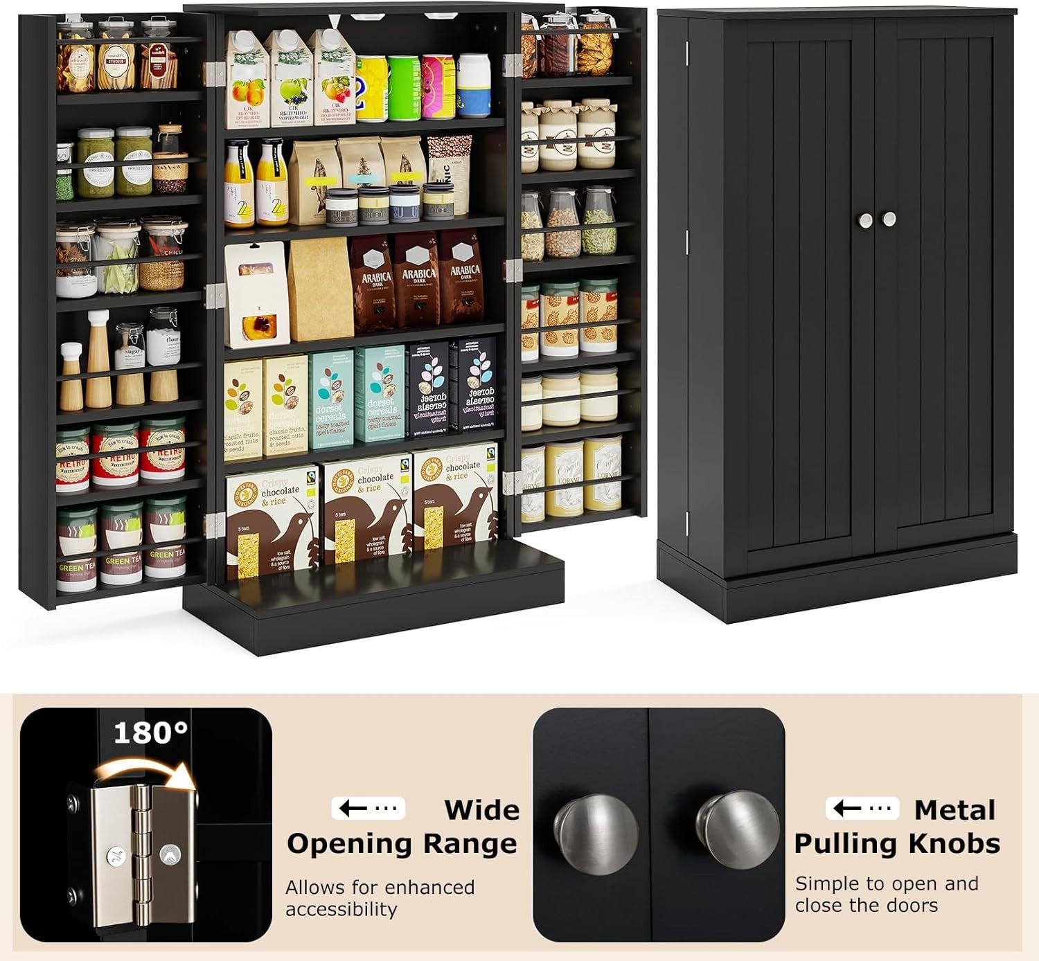 Kitchen Cupboard Pantry Cabinet 17 Shelves 2 Doors Black Small