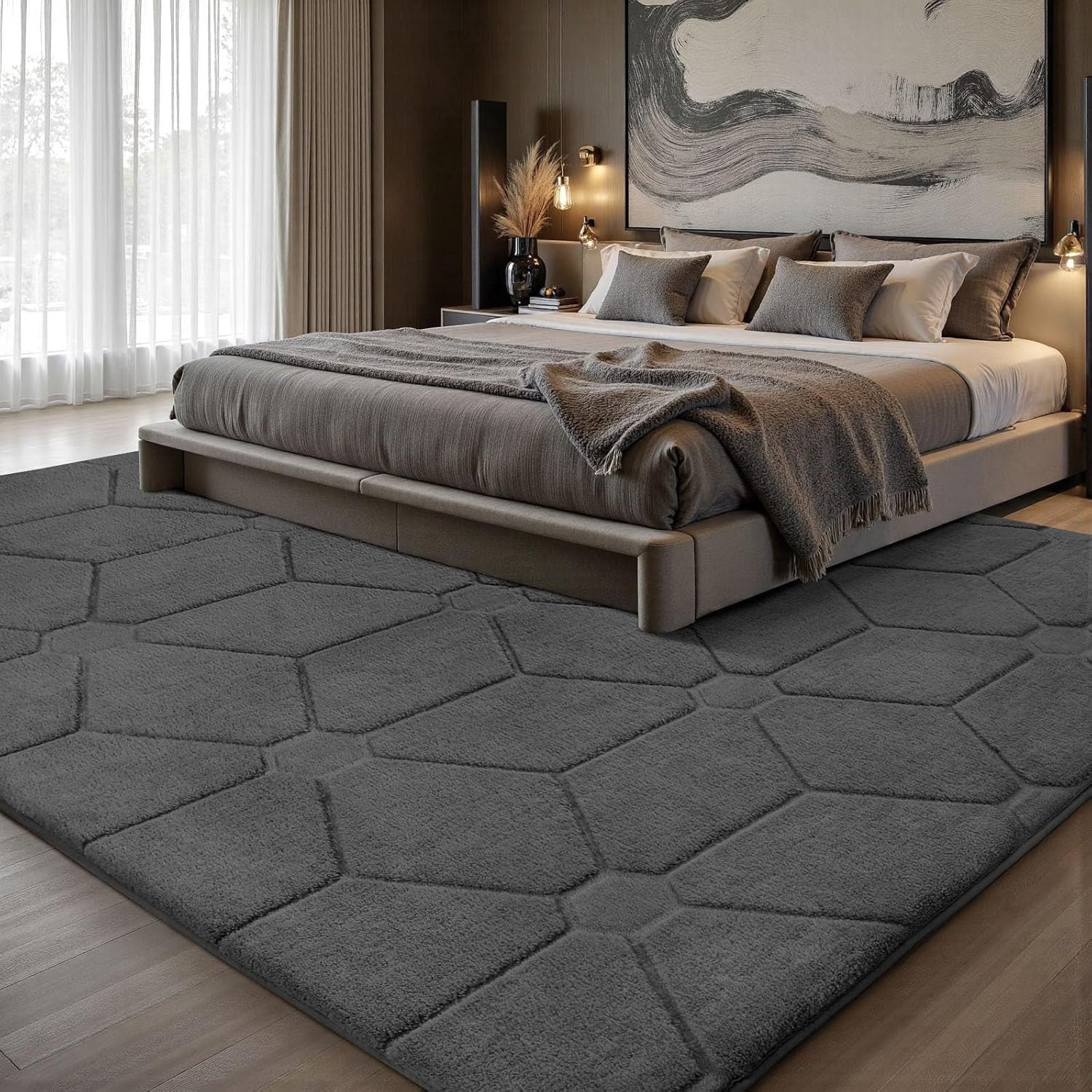 Dark Grey Area Rug 140x200cm Short Pile Washable Anti Slip Living Room