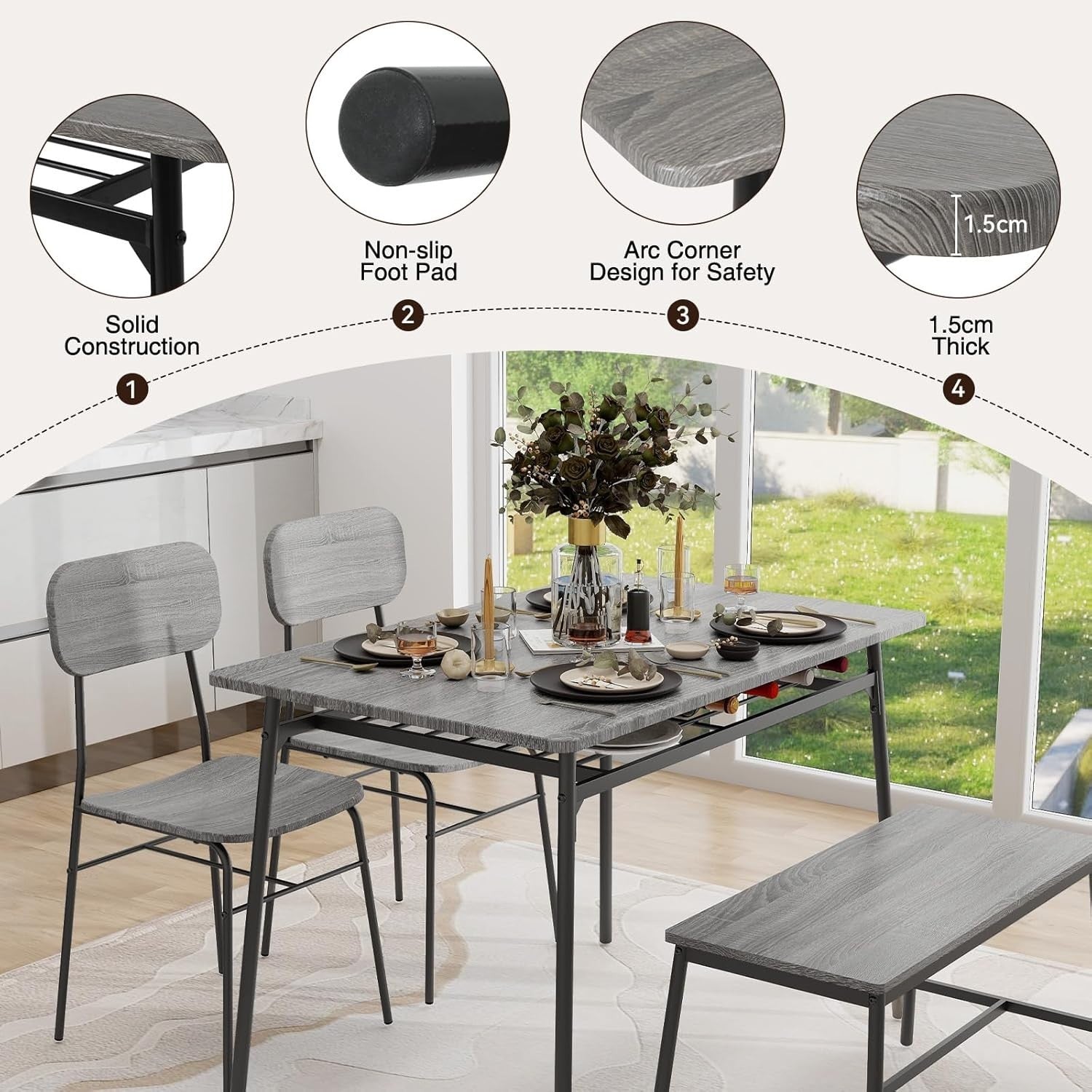 Dining Table Set with Bench & 2 Chairs | Storage Rack | Modern Grey