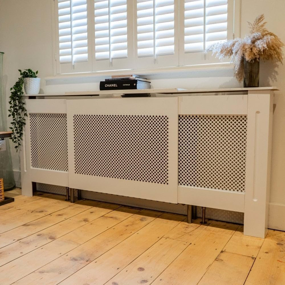 White Adjustable Radiator Cover | Modern MDF Wood Cabinet | Diamond Lattice