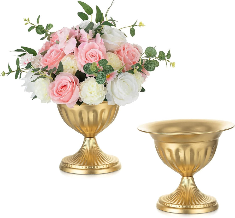 Gold Metal Urn Vase Set of 2 Wedding Table Centerpieces Floral Planters