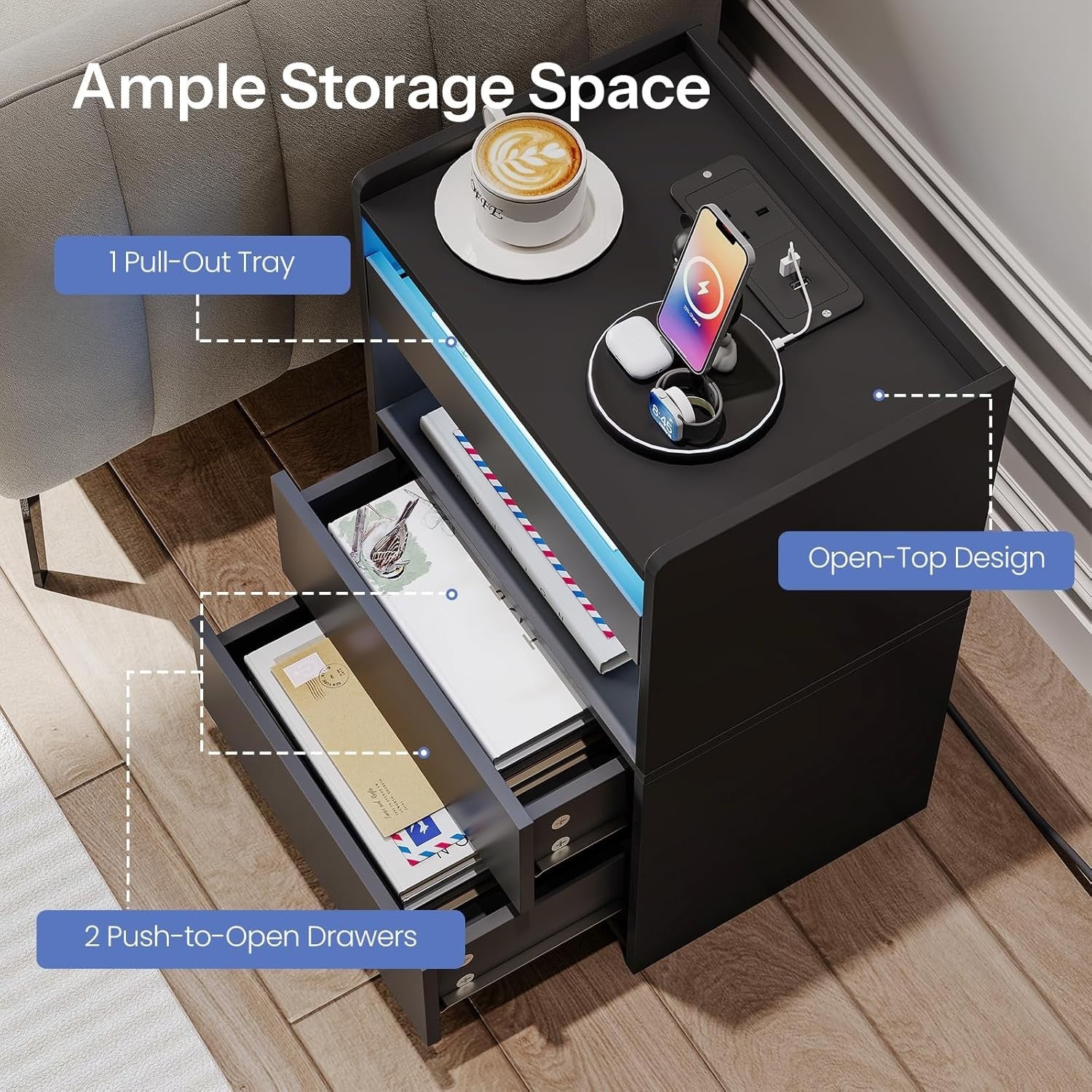 Smart LED Bedside Table with Charging Station & 3 Drawers – Modern Black