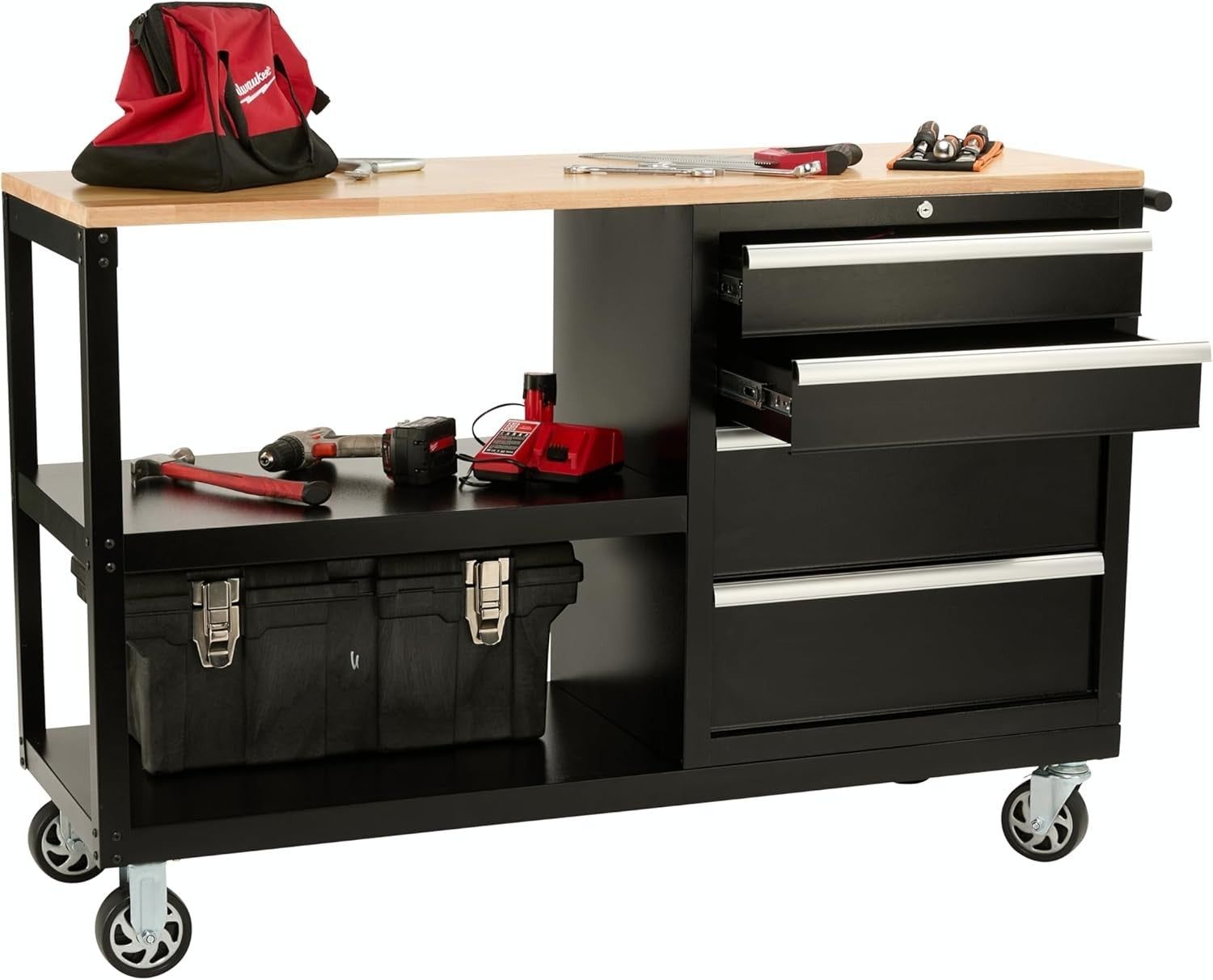 Mobile Workbench on Wheels with Locking Drawers Hardwood Top Steel 1480mm