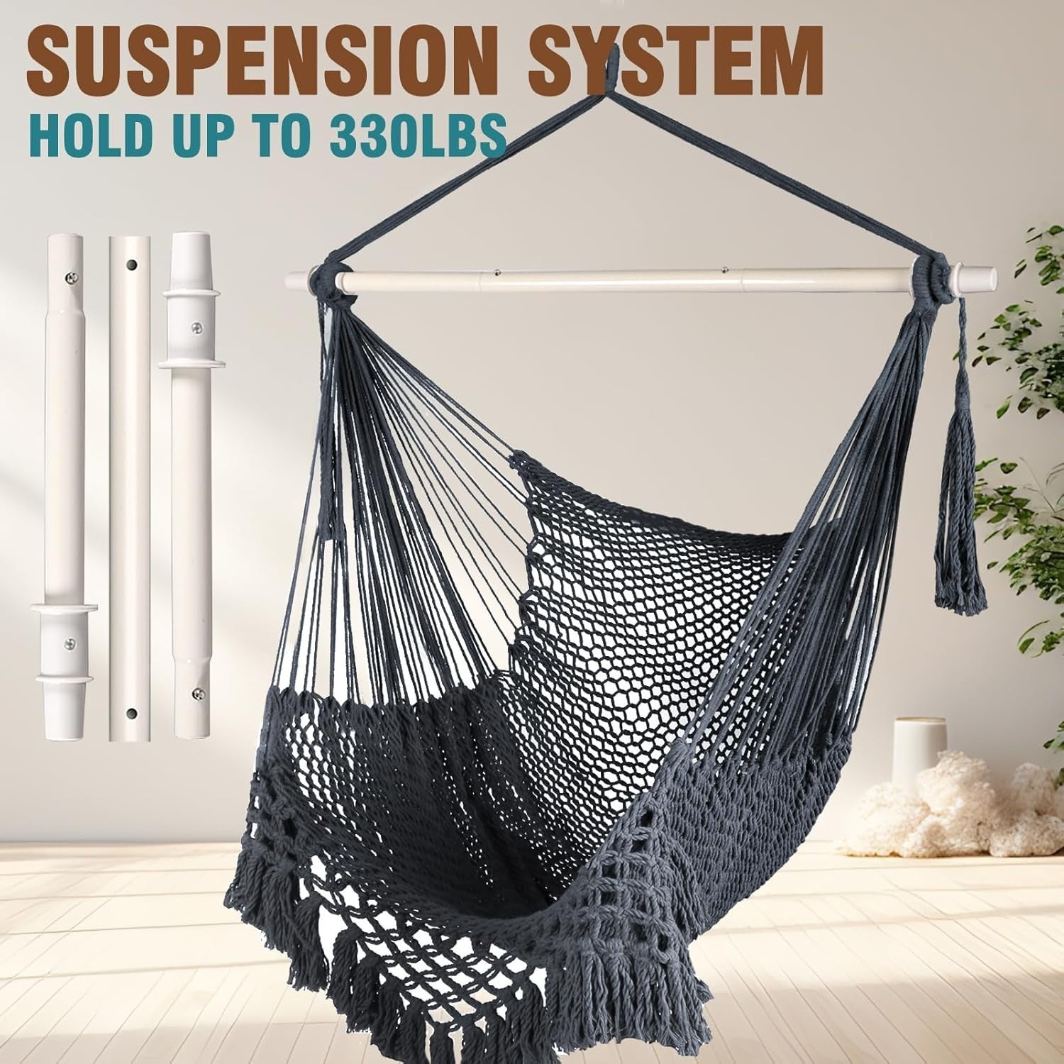 Dark Grey Hanging Hammock Chair – Cotton Mesh, Indoor Outdoor, 120kg Capacity