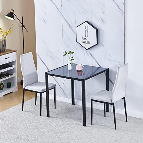 Square Glass Dining Table Set 75cm Grey Flannel Chairs 2 Seater Compact