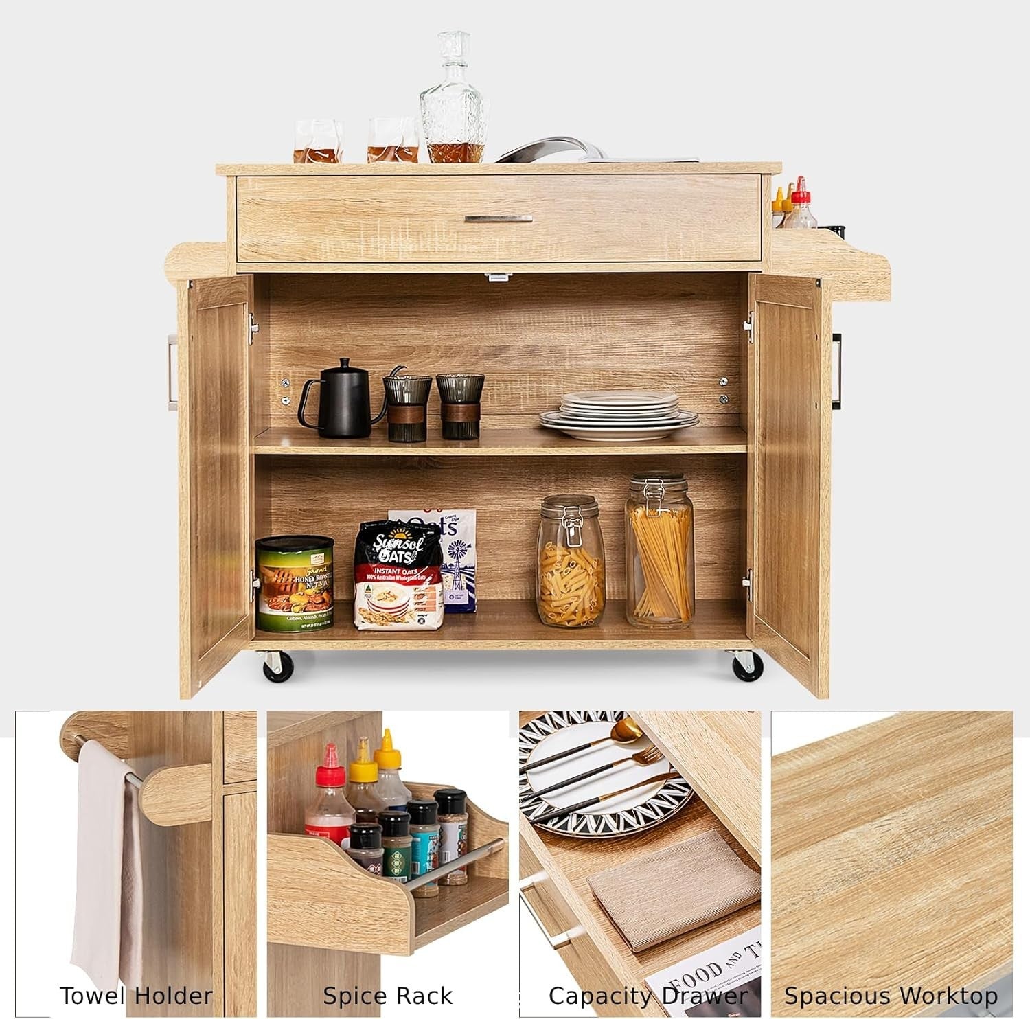 Kitchen Island Cart with Drawer, Adjustable Shelf & Towel Rack, Natural 40x116x8