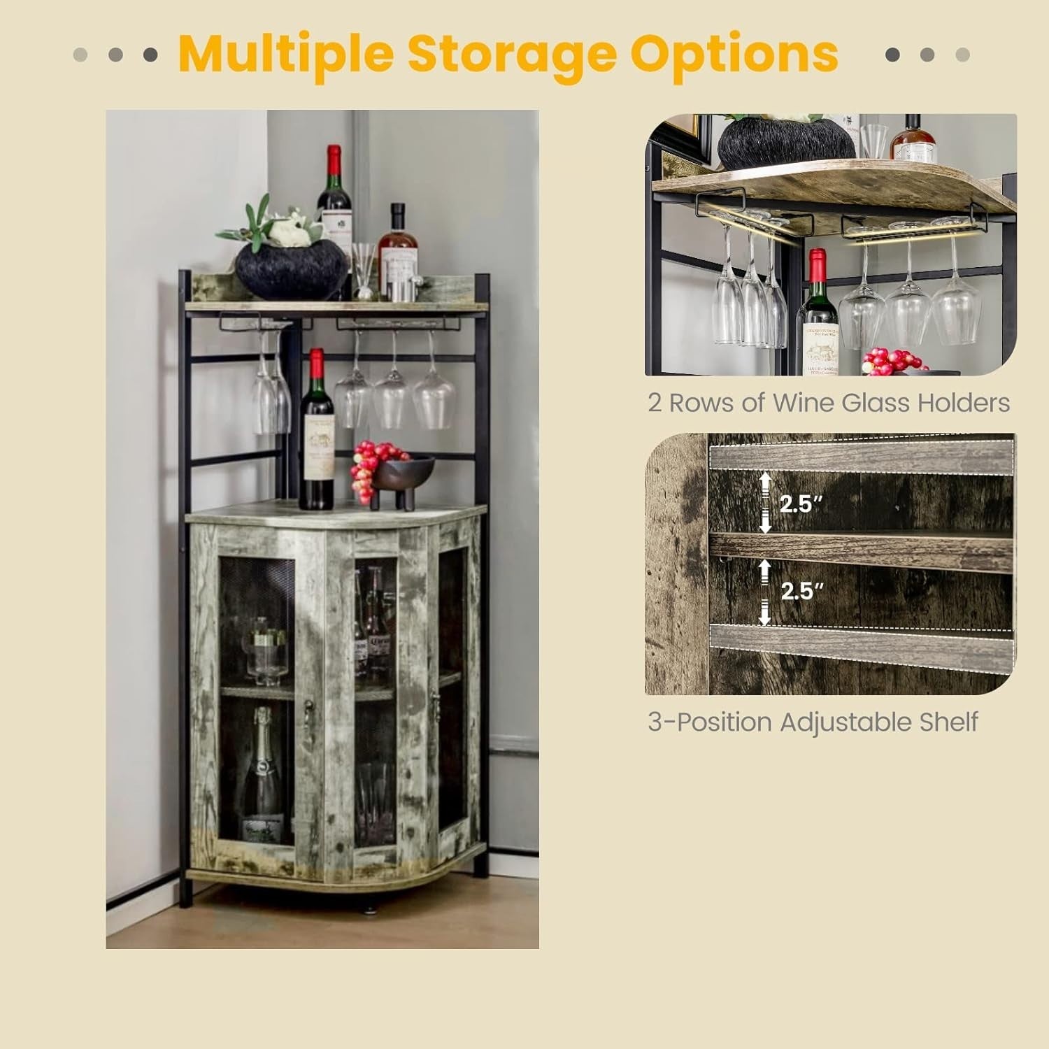Corner Bar Cabinet with Wine Rack & Glass Holders, Industrial Oak Grey