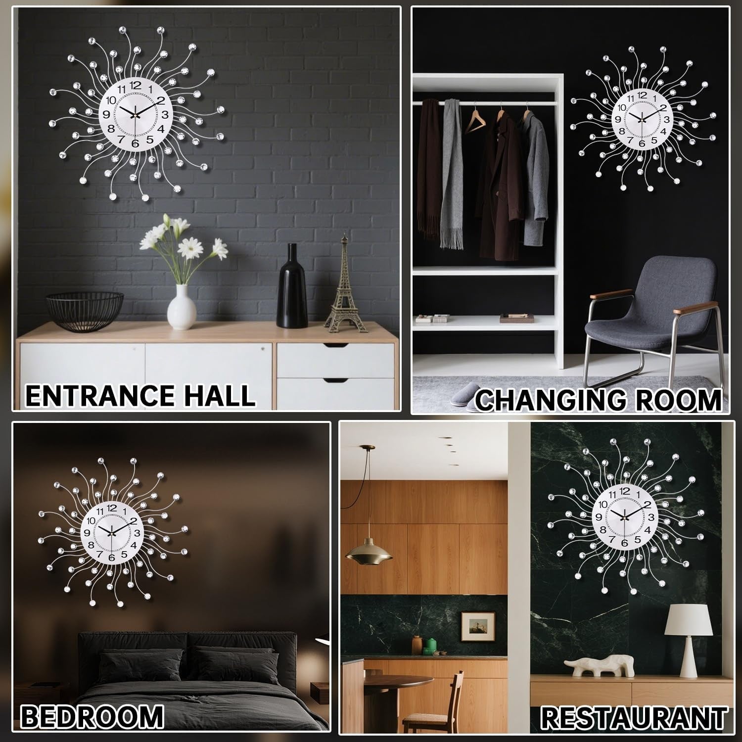 Modern Large Wall Clock 20" Silver Crystal Silent Non-Ticking Home Decor