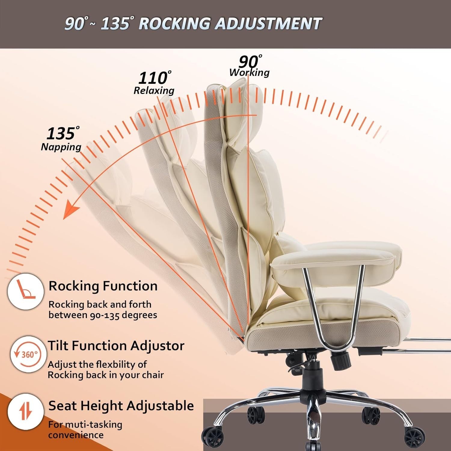 Executive Office Chair Recliner Footrest Swivel Desk Chair UK Beige Leather