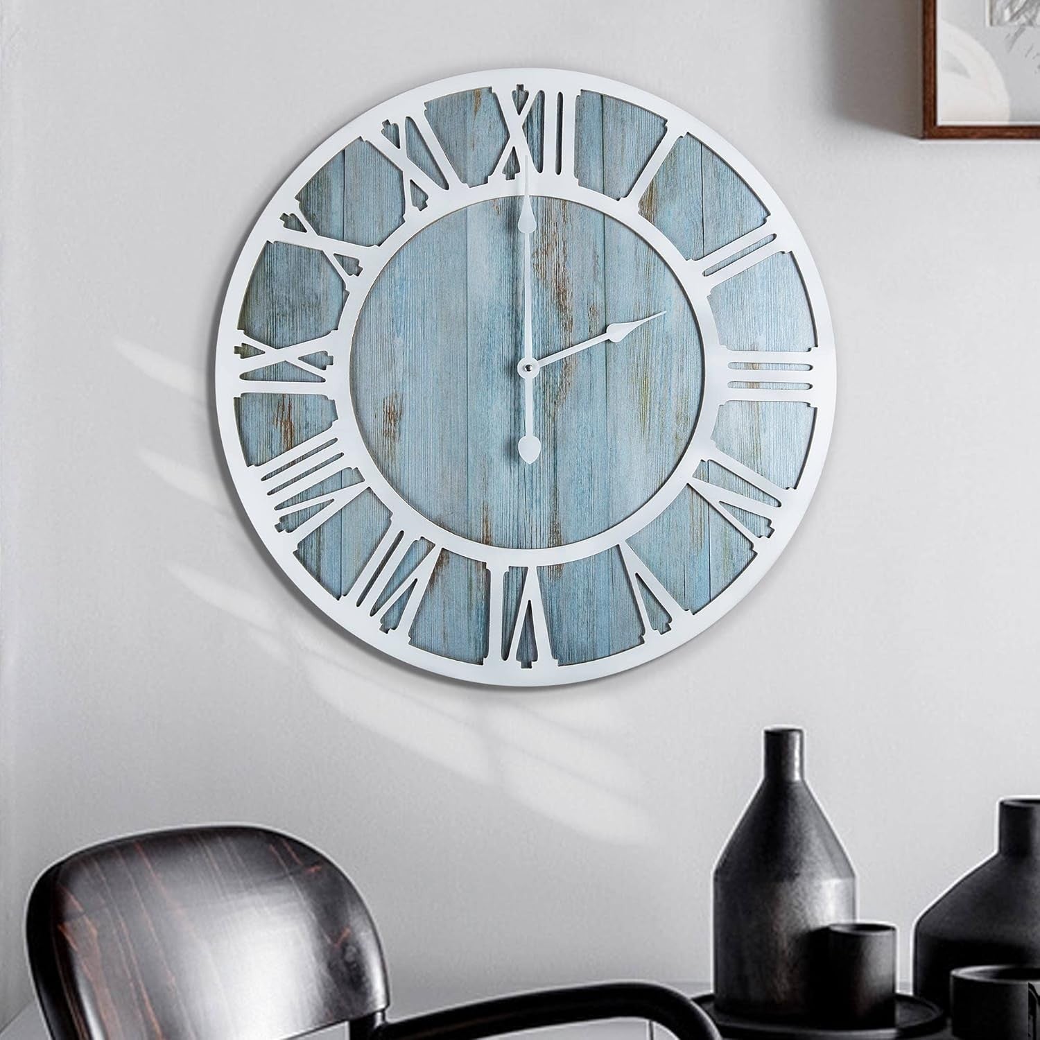 16" Rustic Blue Wood Wall Clock Silent Non-Ticking Round Roman Numeral Decor