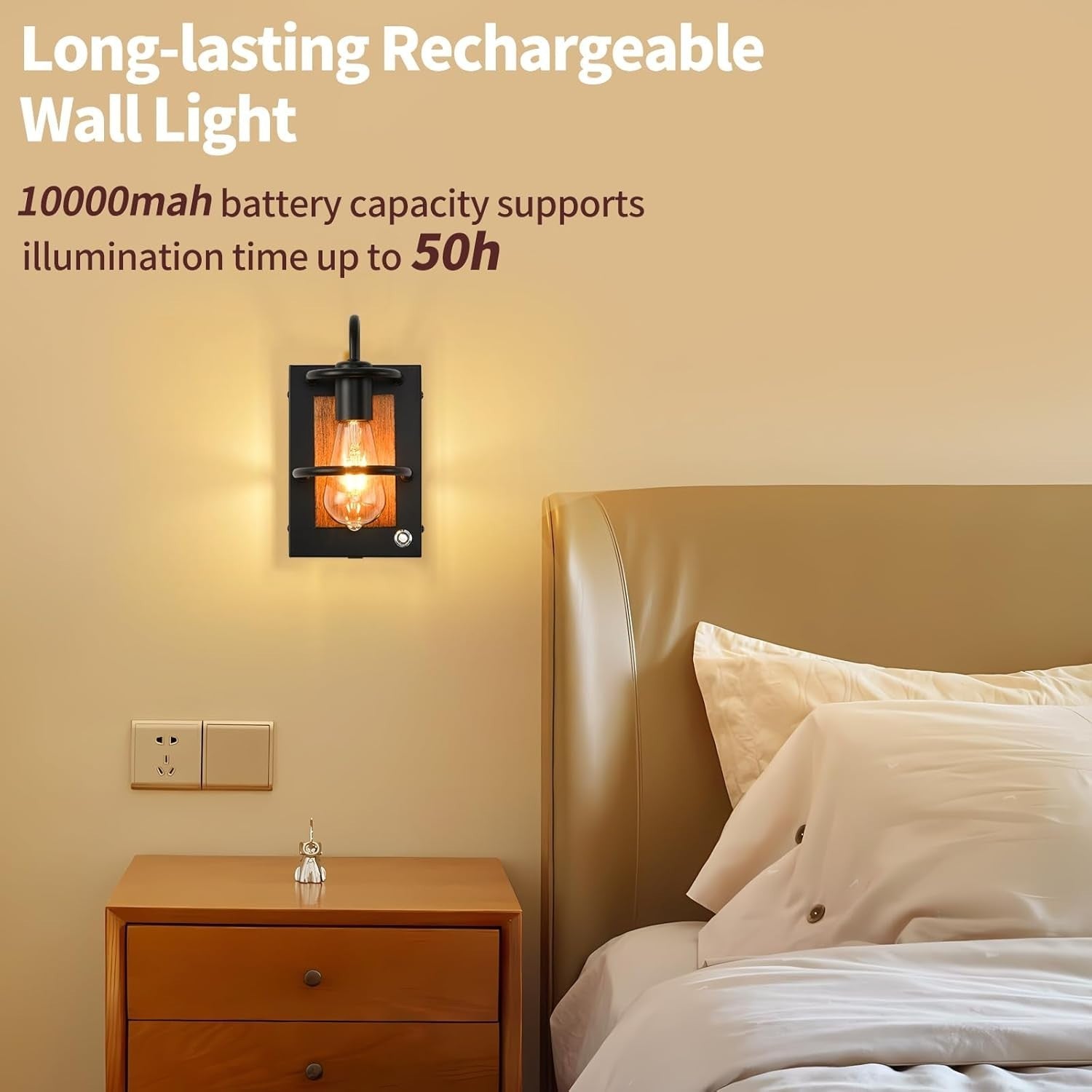 Dimmable Wireless Battery Wall Sconce Set, USB Rechargeable, Faux Wood Lamp