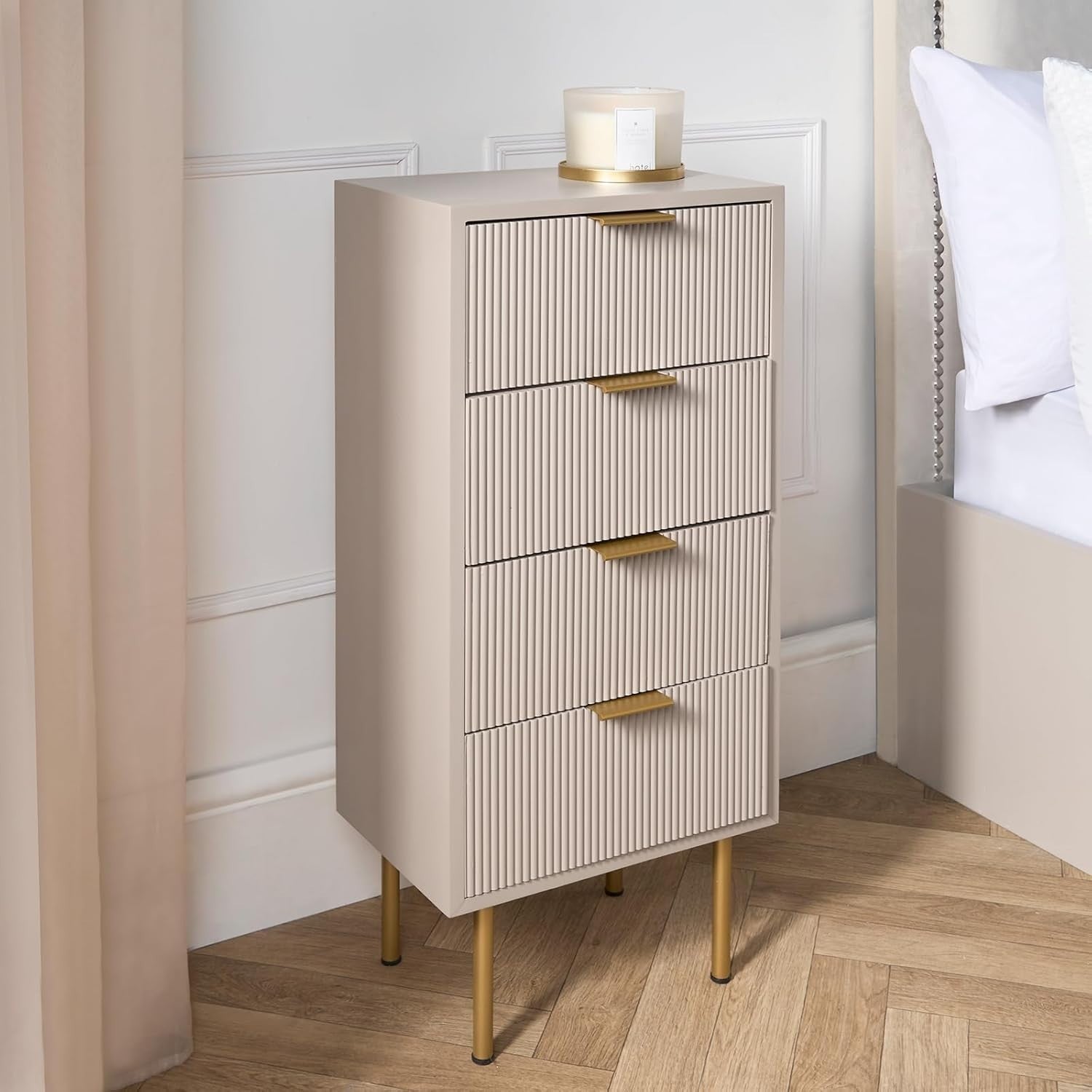Modern Beige 4 Drawer Bedside Table | Tall Ribbed Nightstand with Gold Legs