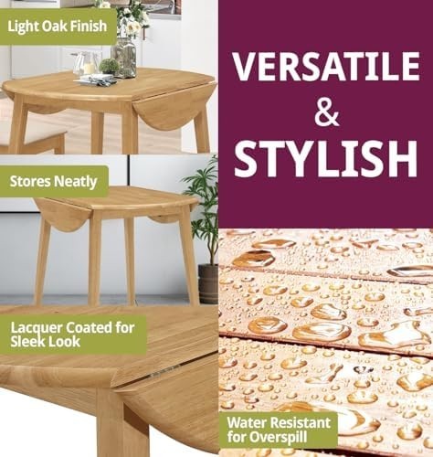 Solid Round Drop Leaf Dining Table Light Oak Space-Saving Extendable