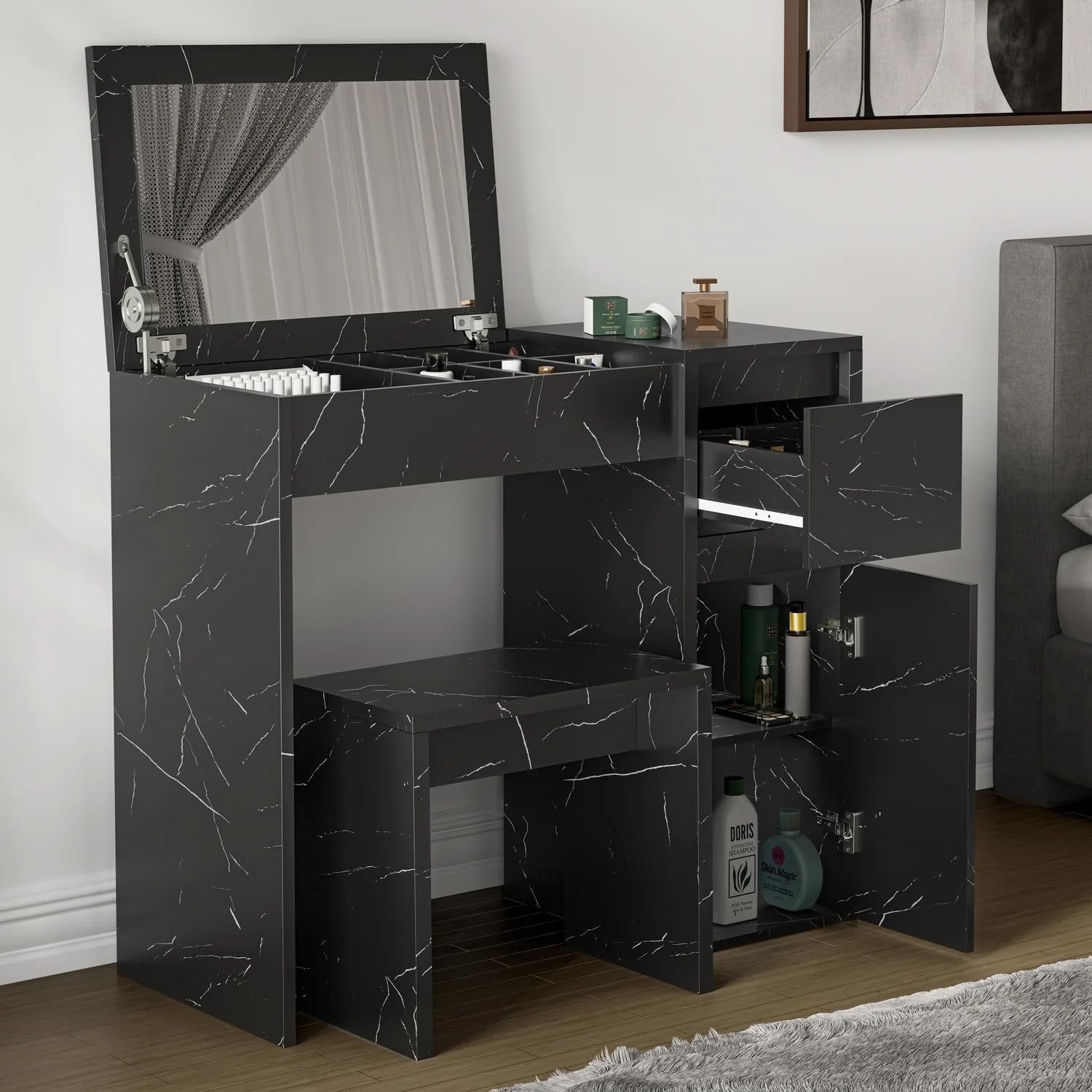 2-in-1 Vanity Desk Makeup Table Flip Mirror Storage Stool Black Marble Wood