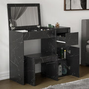 2-in-1 Vanity Desk Makeup Table Flip Mirror Storage Stool Black Marble Wood