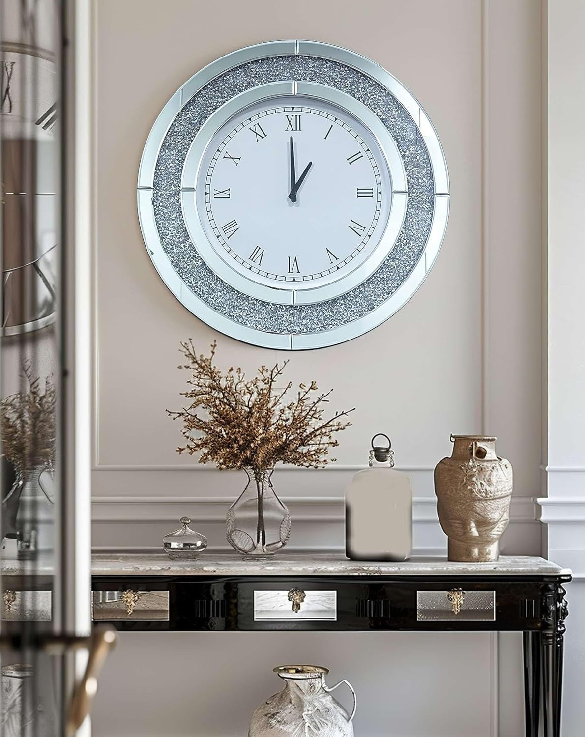60cm Mirrored Wall Clock Silver Crushed Diamond Inlay Roman Numerals Bling