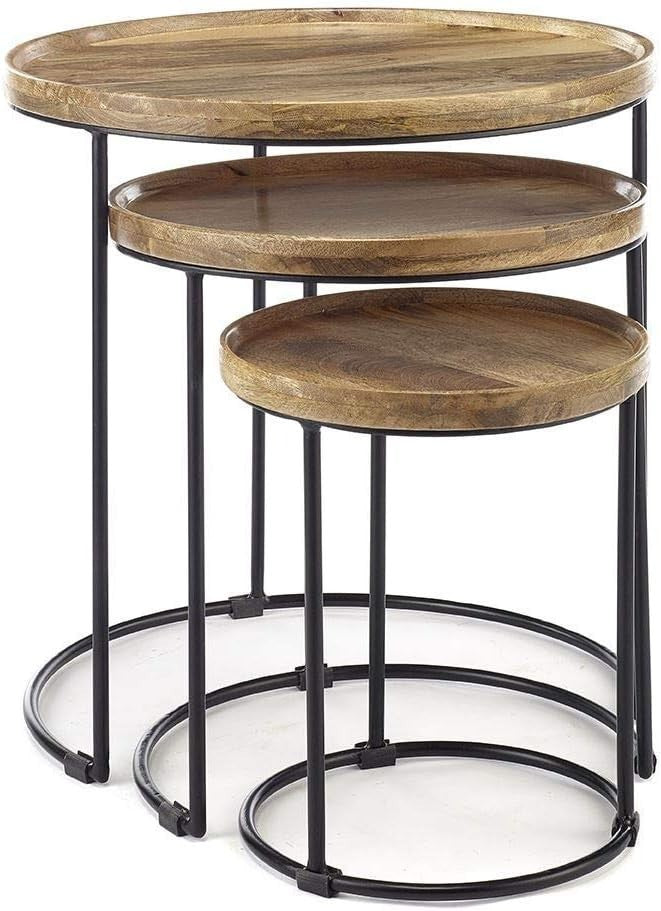 Wood Nesting Tables Set of 3 Round Oak Walnut Wood End Side Coffee Table New
