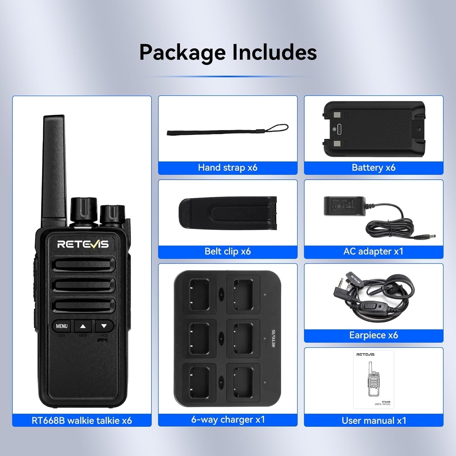 Walkie Talkies 6 Pack Rechargeable PMR446 Two Way Radio w 6 Way Charger