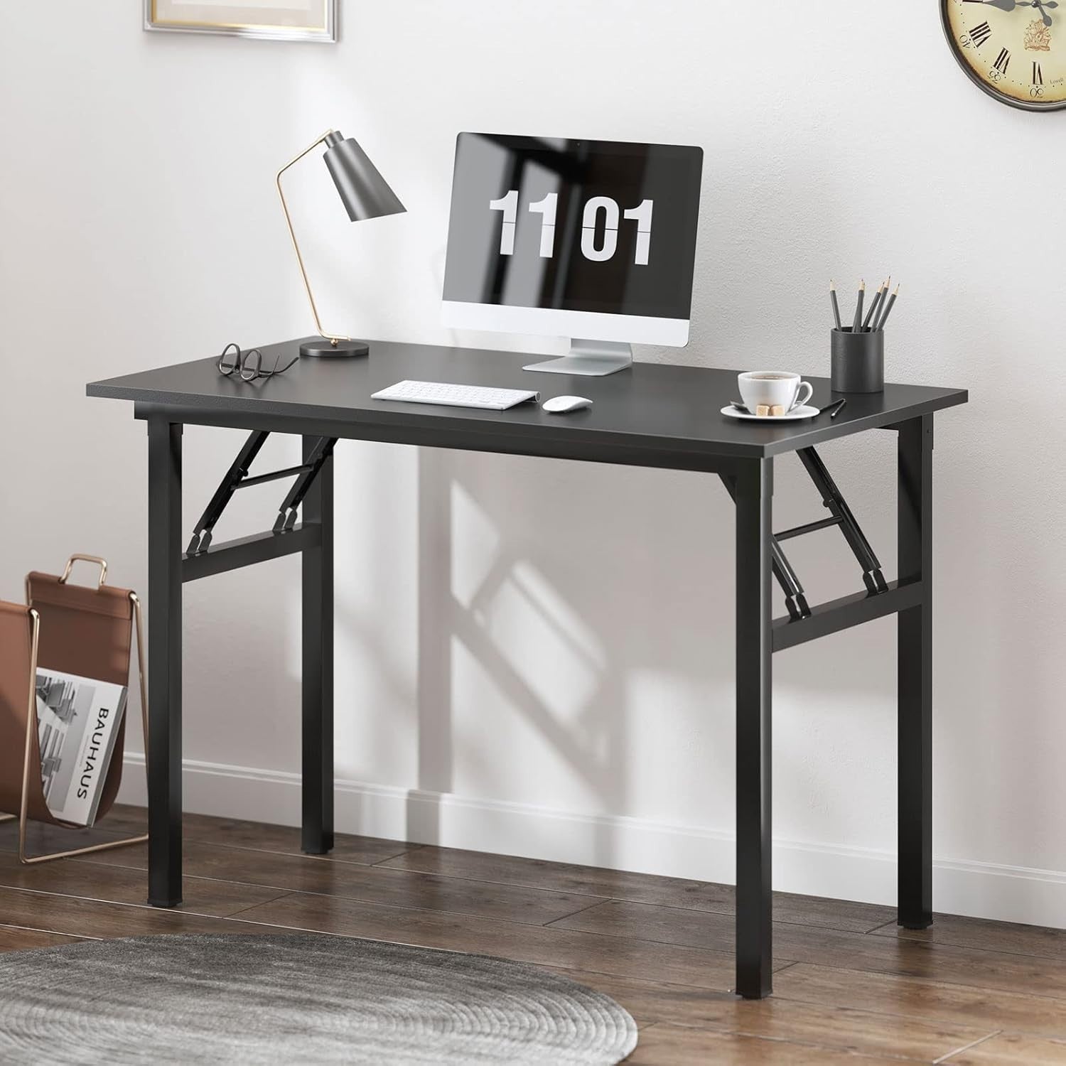 Black Folding Computer Desk No Assembly Compact Home Office Work Table
