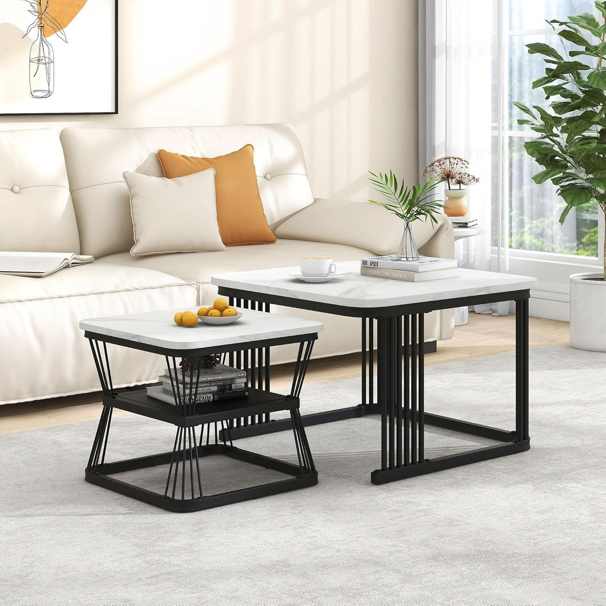 2-in-1 Nesting Coffee Tables, Square Marble White Top, Metal Frame, Space-Saving
