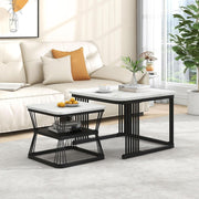 2-in-1 Nesting Coffee Tables, Square Marble White Top, Metal Frame, Space-Saving