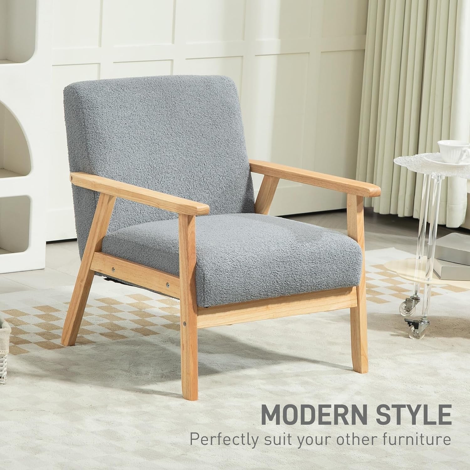 Grey Accent Armchair Wide Seat Cashmere Fabric Wood Legs