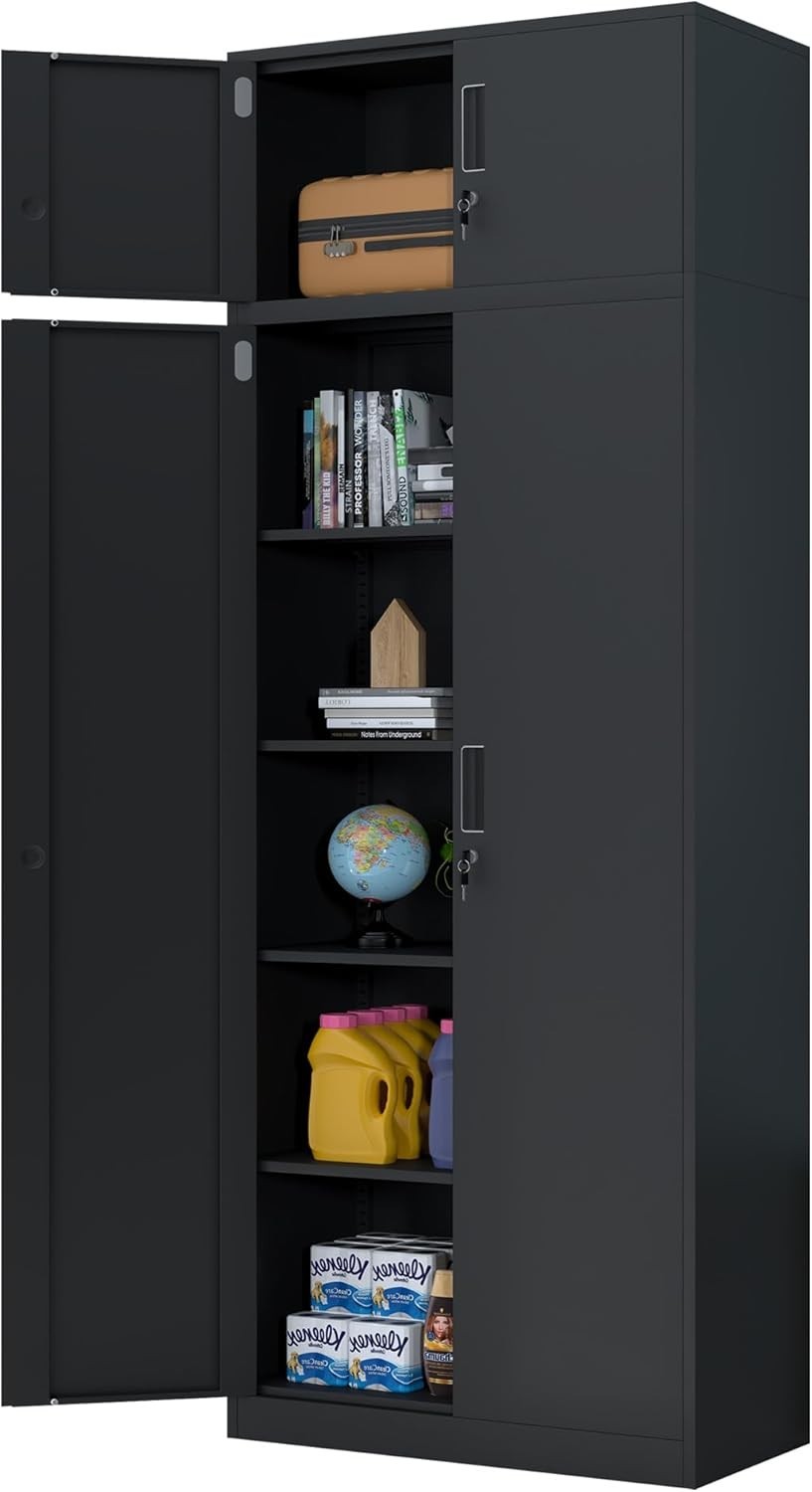 Tall Lockable Steel Storage Cabinet with Shelves, 220cm Metal Cupboard