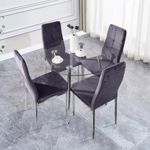 90cm Round Glass Dining Table with 4 Faux Leather Chairs Chrome Legs