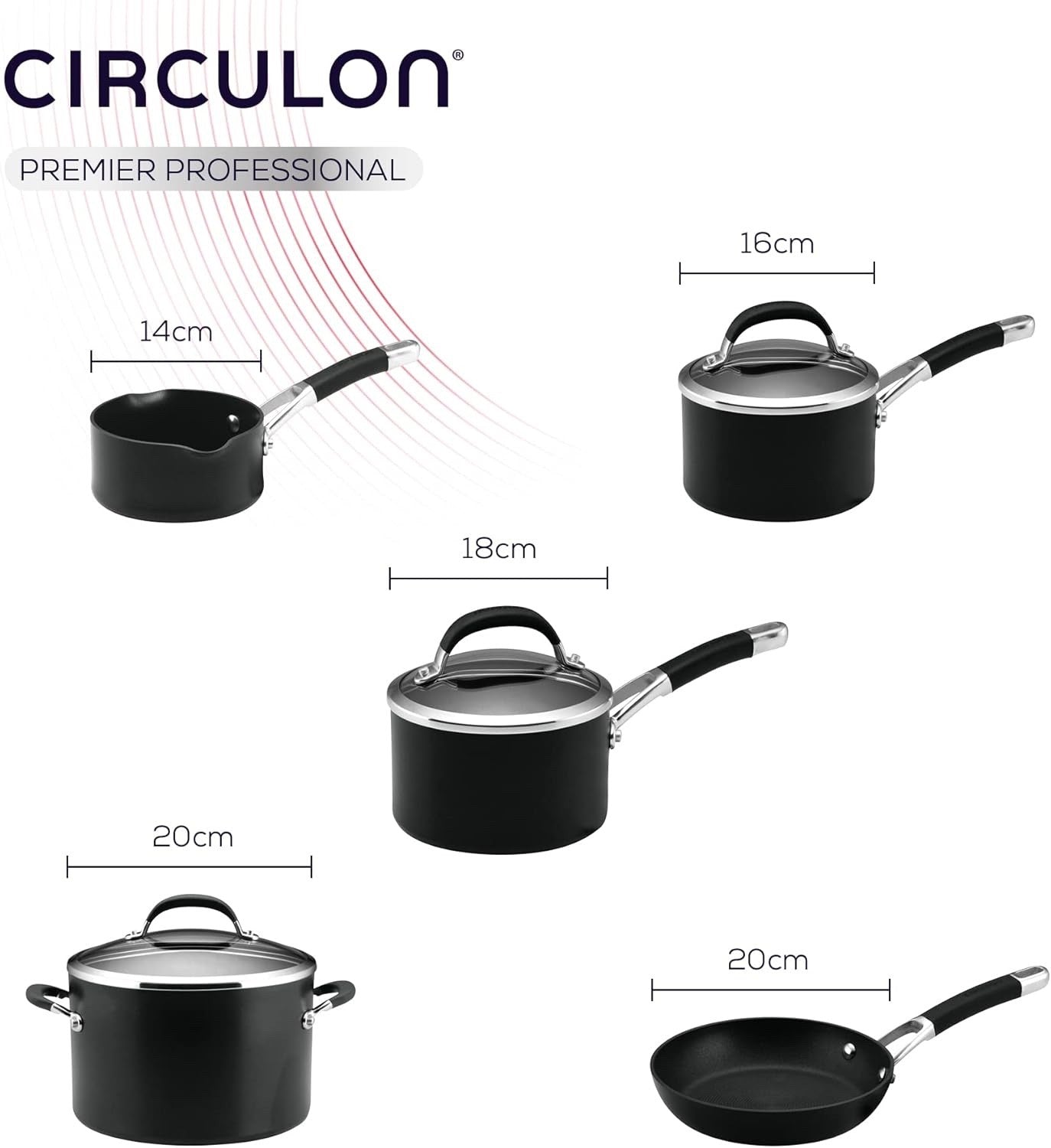 5pcs Black Induction Non Stick Cookware Set – Soft Grip Handles Glass Lids