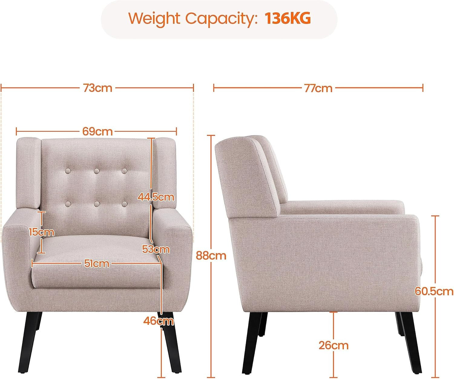 Tub Chair Button‑Tufted Linen Accent Armchair Modern Cozy Seat Beige