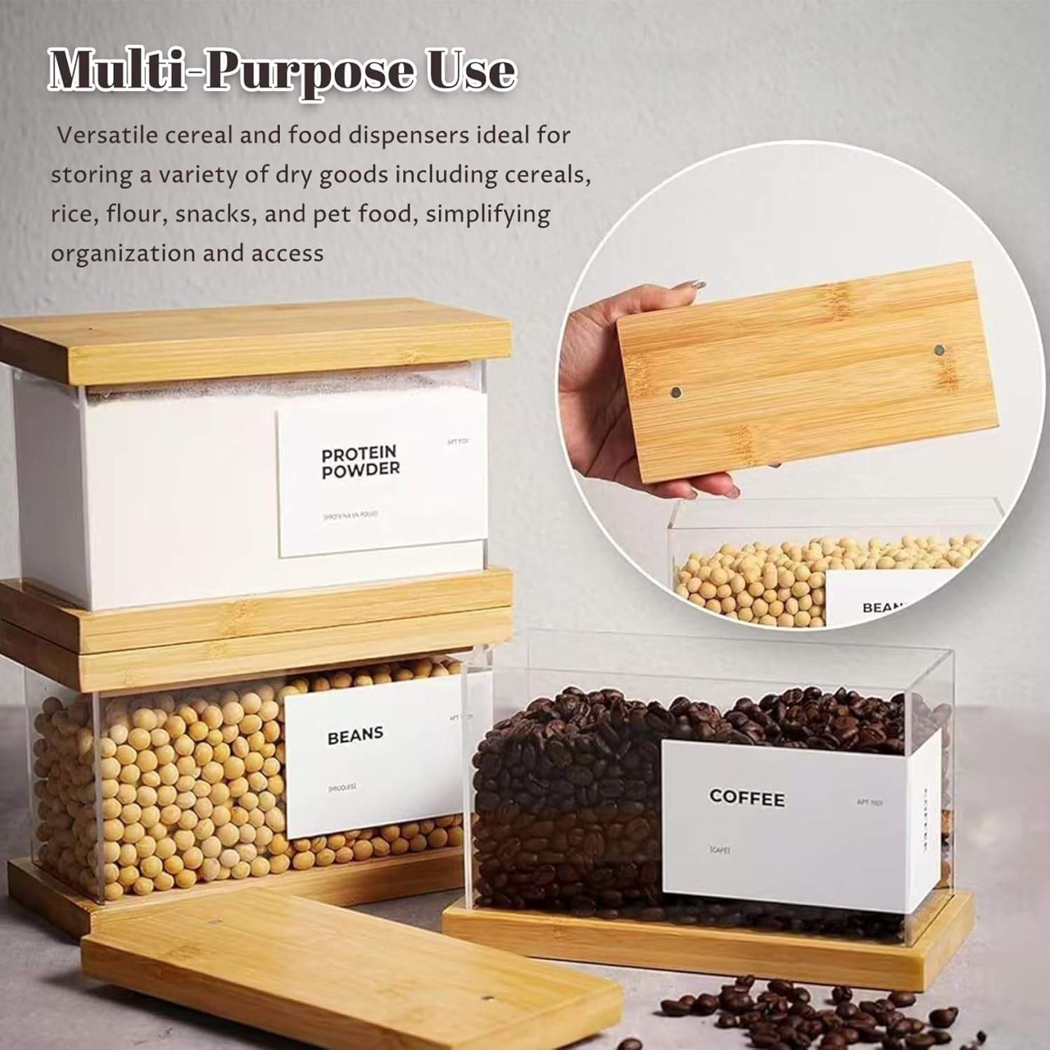 2PCS Wooden Cereal Storage Containers Airtight Snack Rice Dispenser