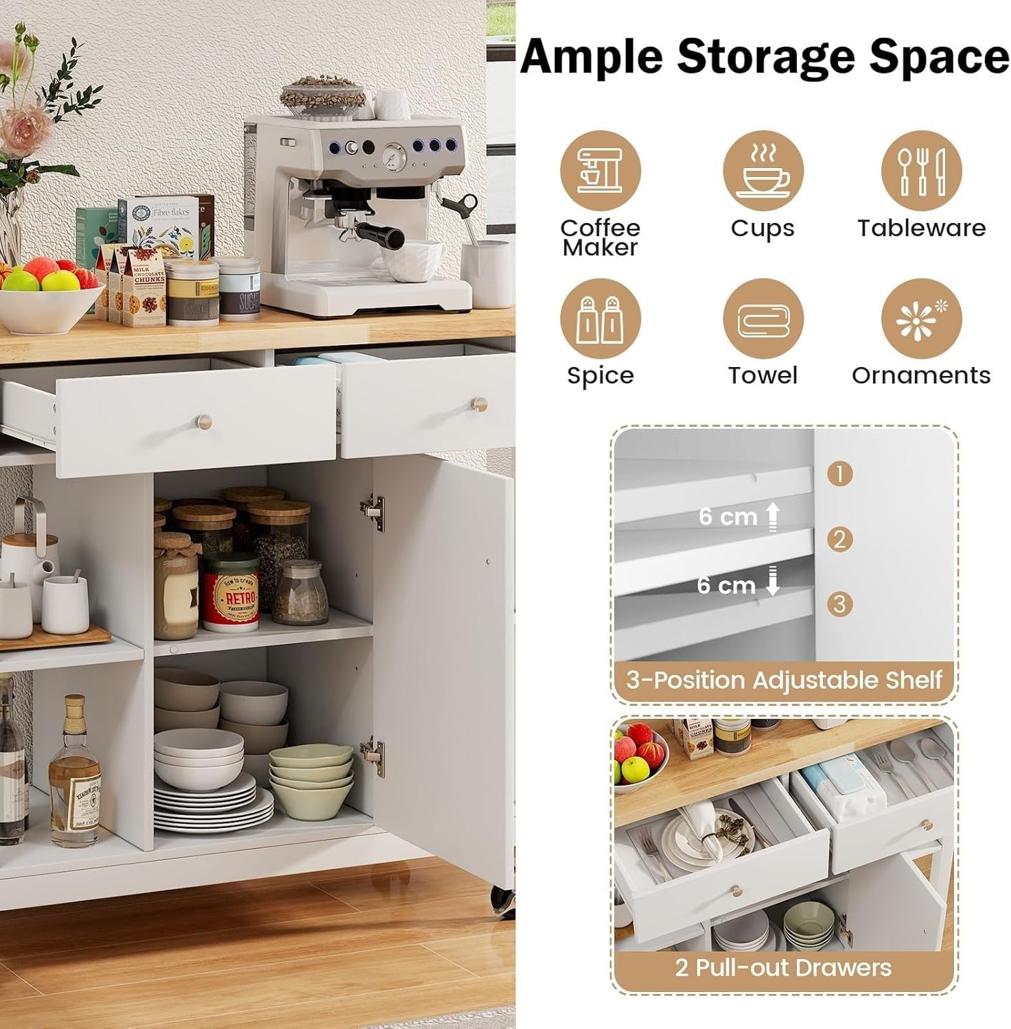 Kitchen Island Trolley with Drawers & Adjustable Shelf White 99x46x90cm