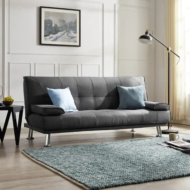 3 Seater Charcoal Sofa Bed Fabric Clic Clac Tufted Chrome Legs Modern Grey