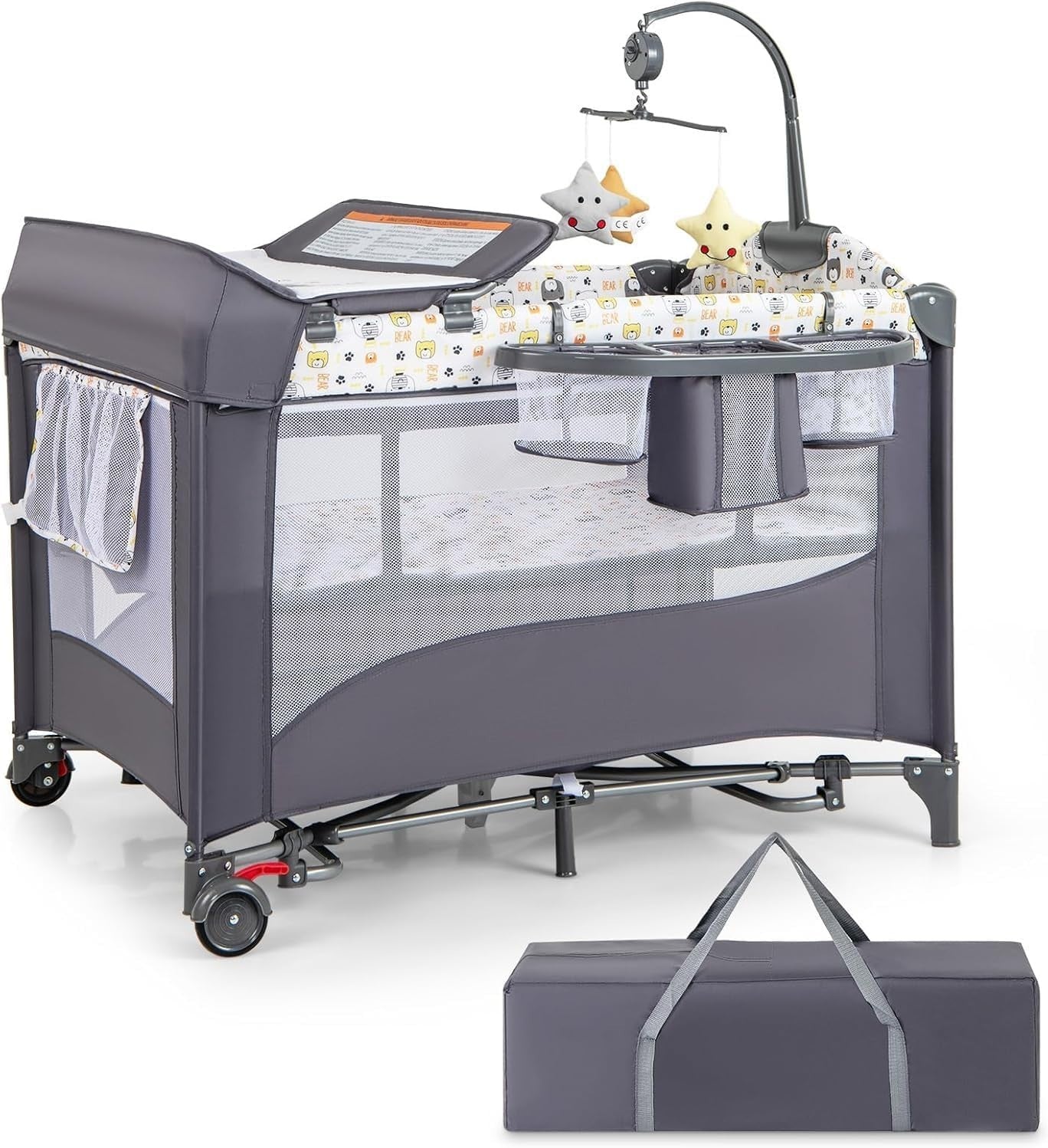 5in1 Travel Cot Baby Bedside Foldable Crib Bassinet Portable Playard White Grey