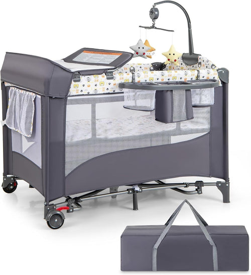 5in1 Travel Cot Baby Bedside Foldable Crib Bassinet Portable Playard White Grey