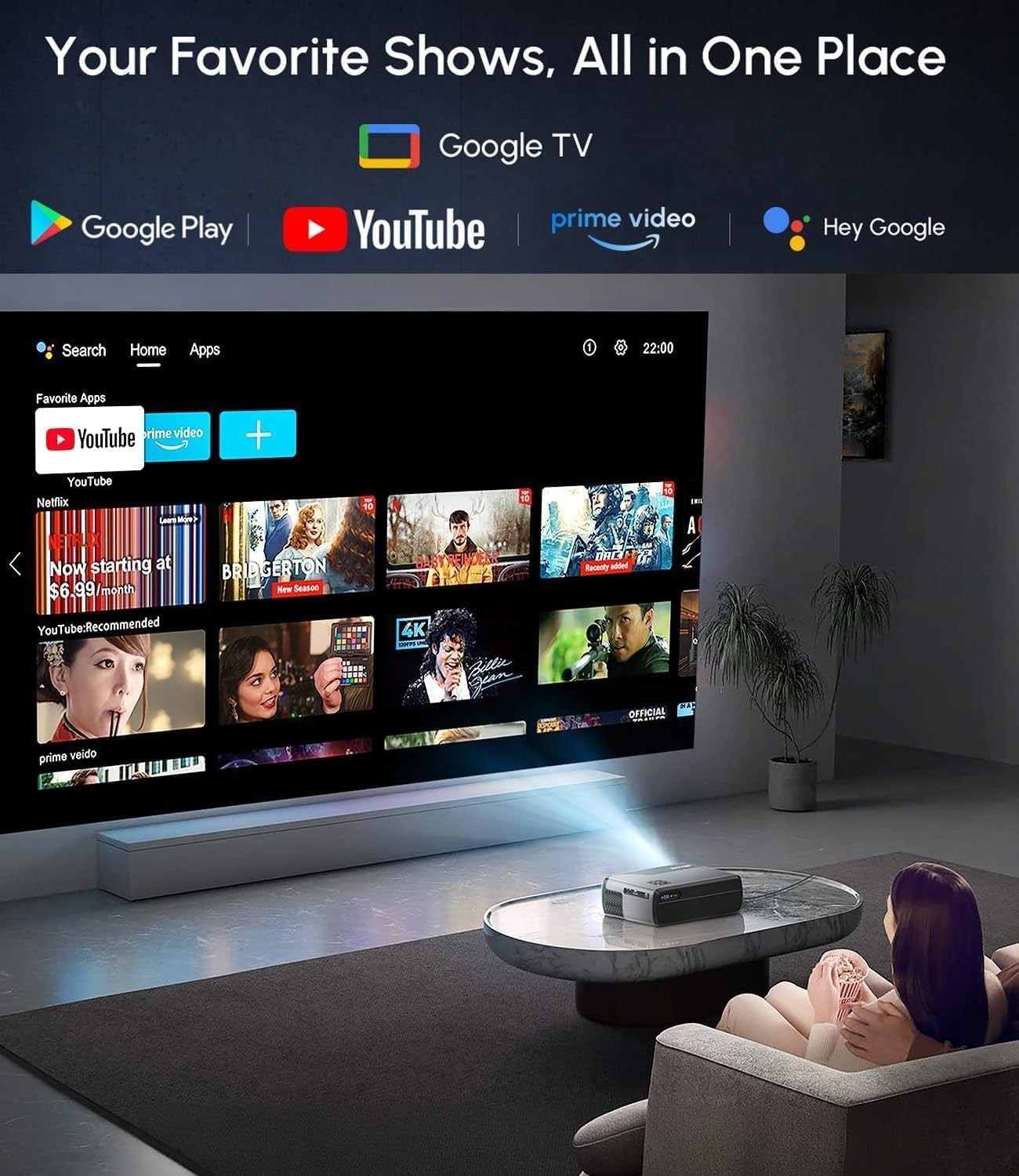 1400ANSI 4K Smart Projector Google TV WiFi6 Dolby NFC