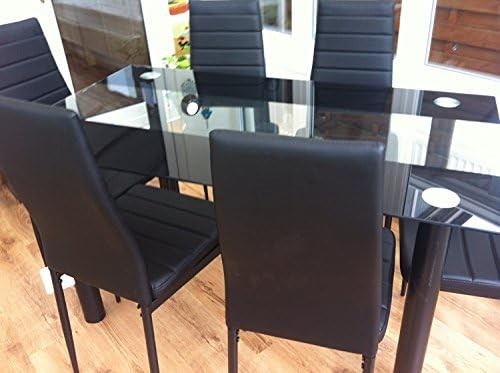 Modern Black Glass Dining Table + 6 Faux Leather Chairs 140x80x75cm