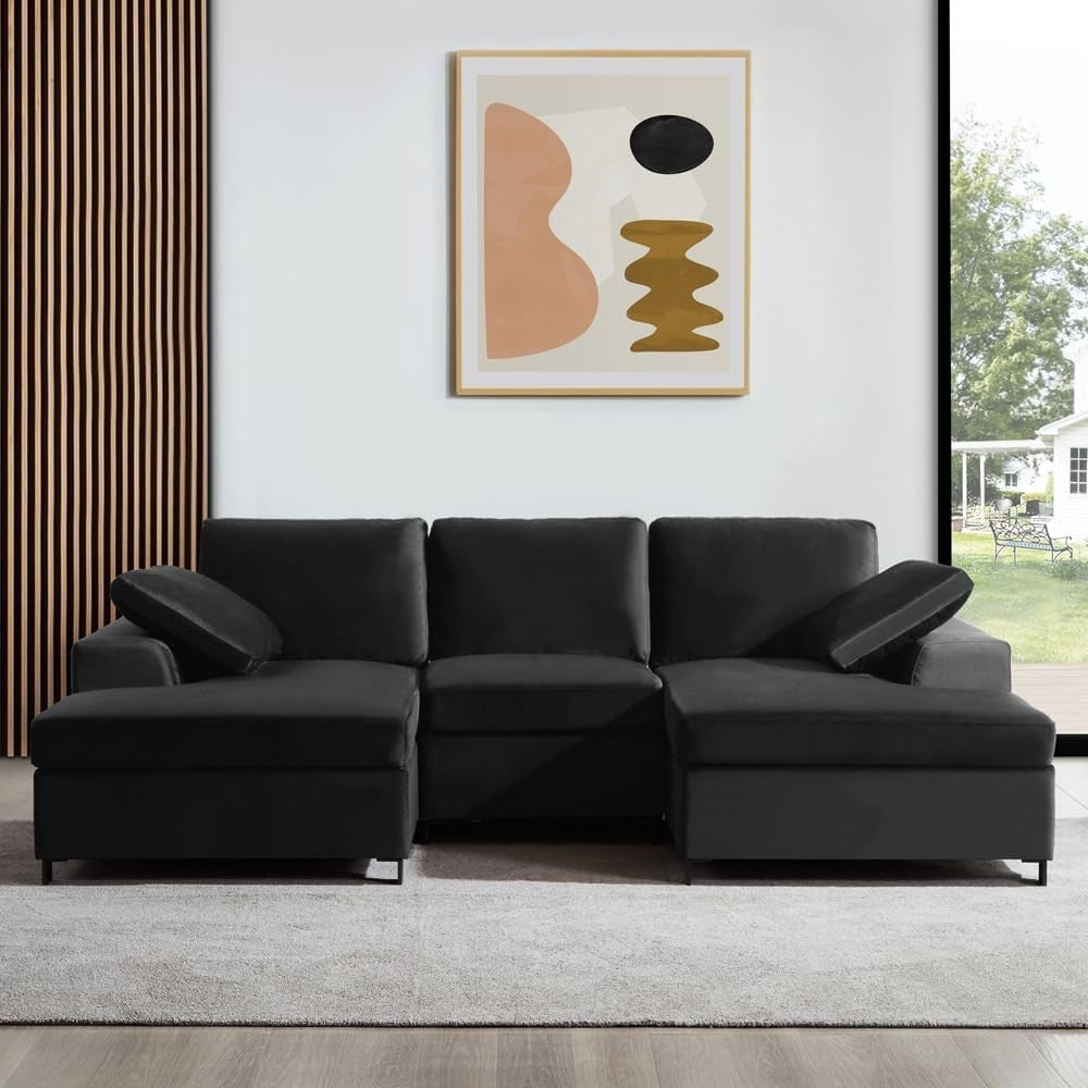 Black Velvet U-Shaped 5 Seater Sofa with Chaise & Storage Footstool Option