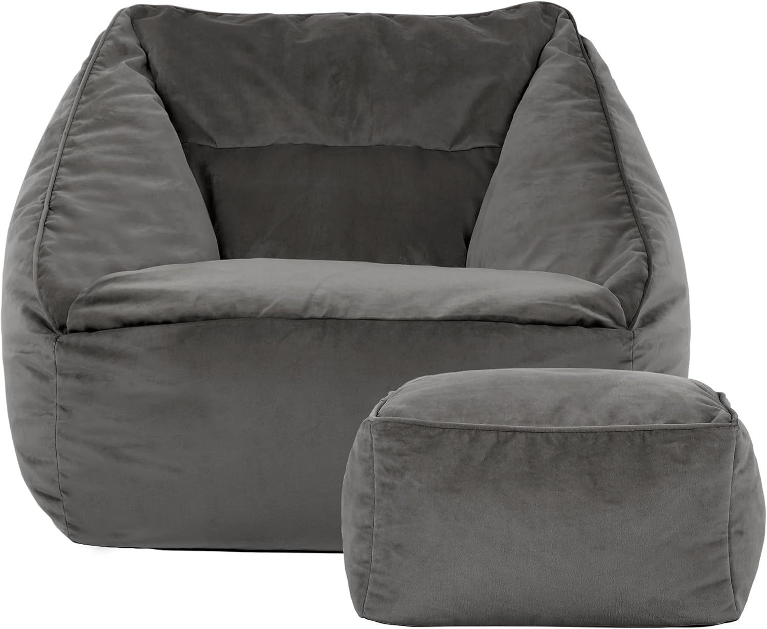 Charcoal Grey Velvet Bean Bag Chair Adult Armchair with Footstool Seat