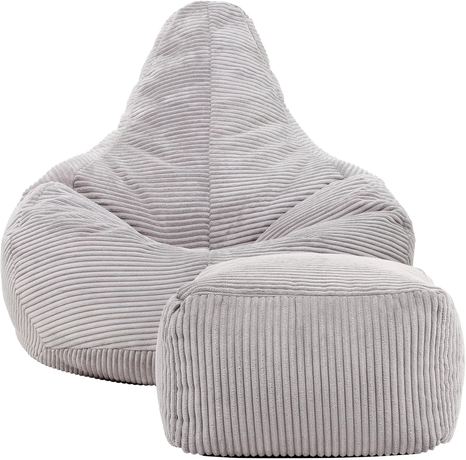 Grey Cord Recliner Bean Bag Chair w/ Footstool Set - Adult Lounge Seat