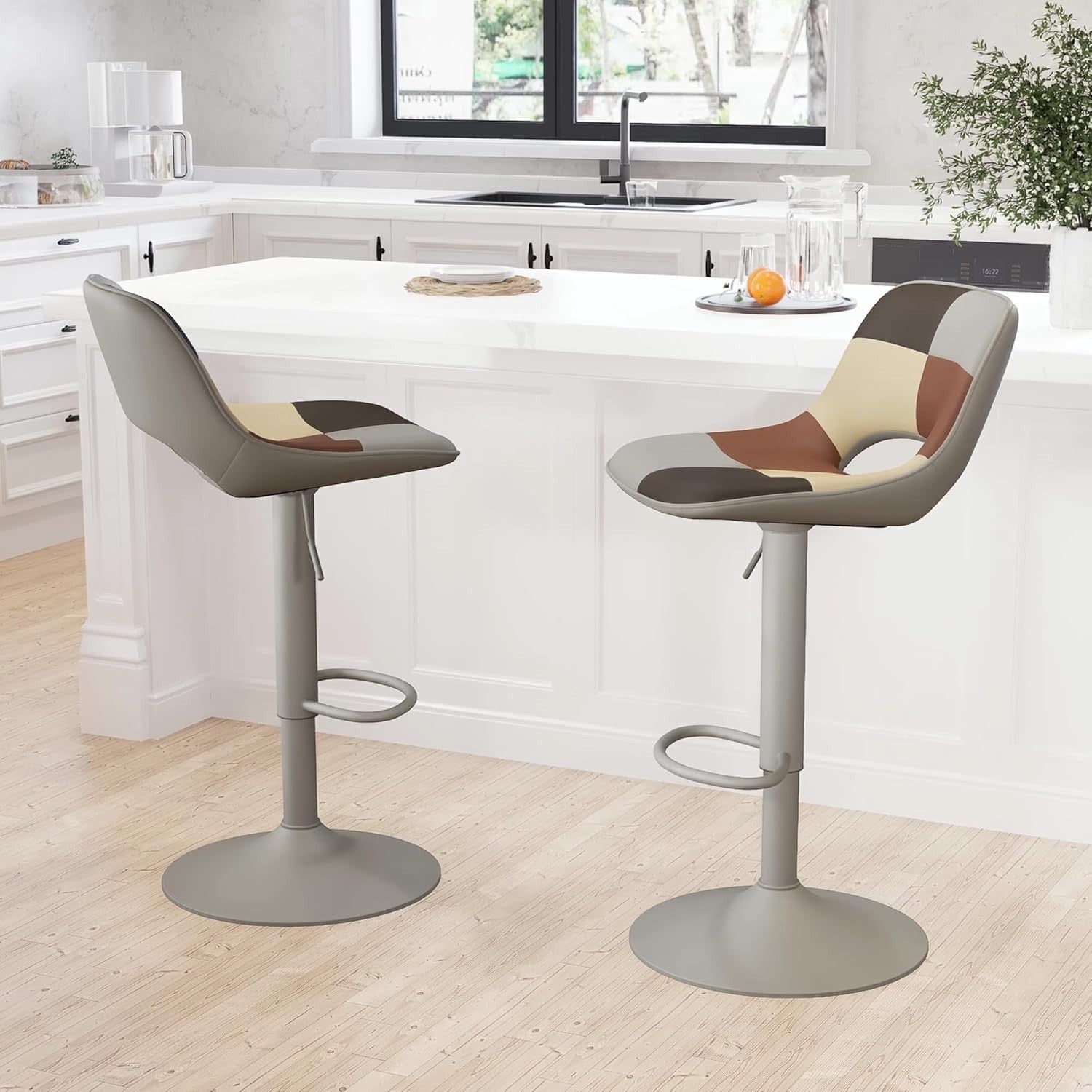 Adjustable Swivel Bar Stools 2pcs Faux Leather Counter Kitchen Chairs grey beig