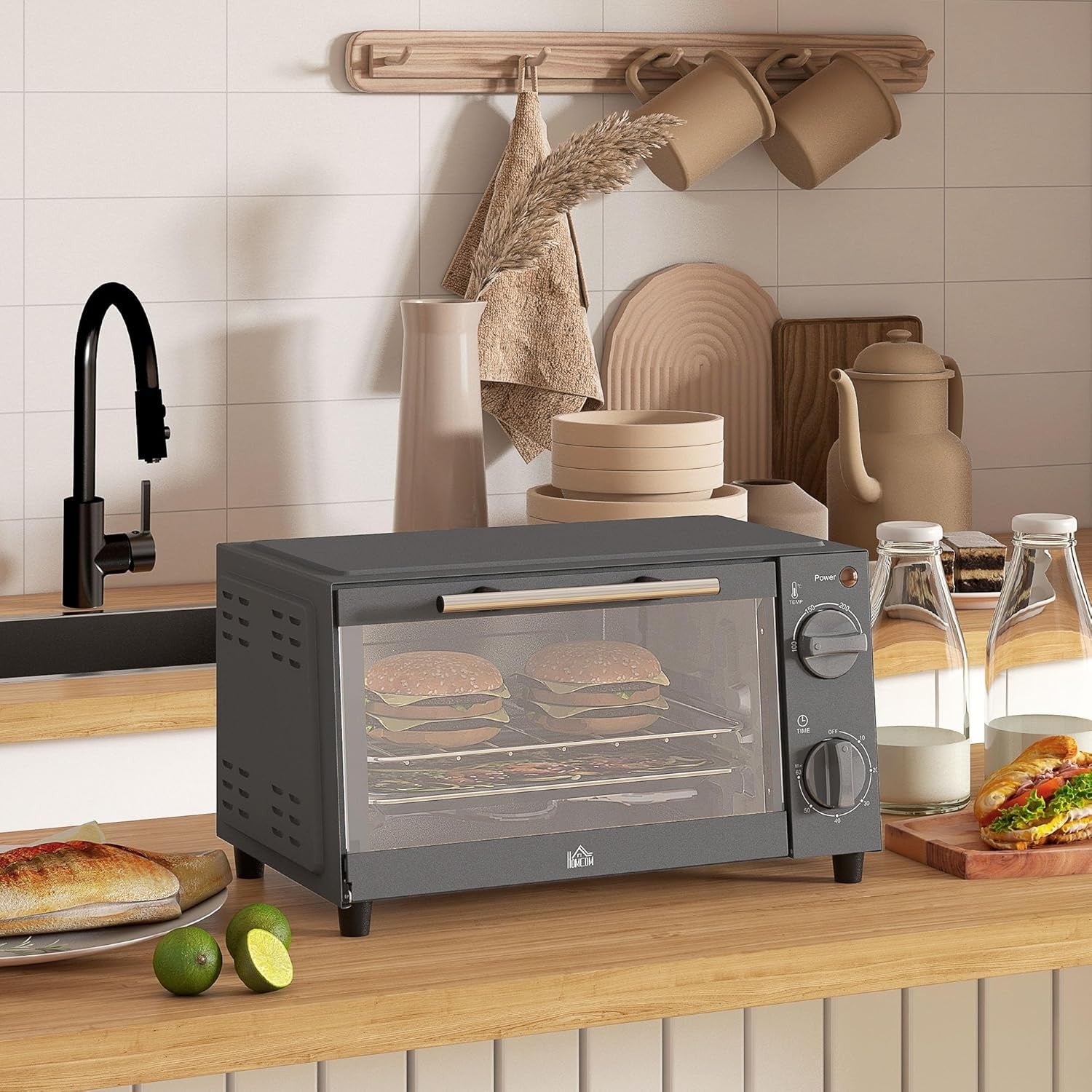 9L Mini Countertop Oven 750W Adjustable Temp Timer Grey